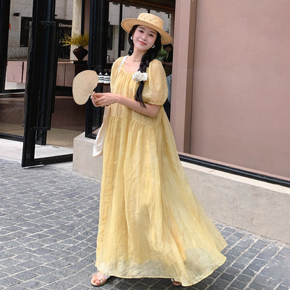 【ワンピース】イエロー ロングワンピース 夏 ゆったり バックシャン リボンデザイン 体型カバー リゾートドレス【JZシリーズ】