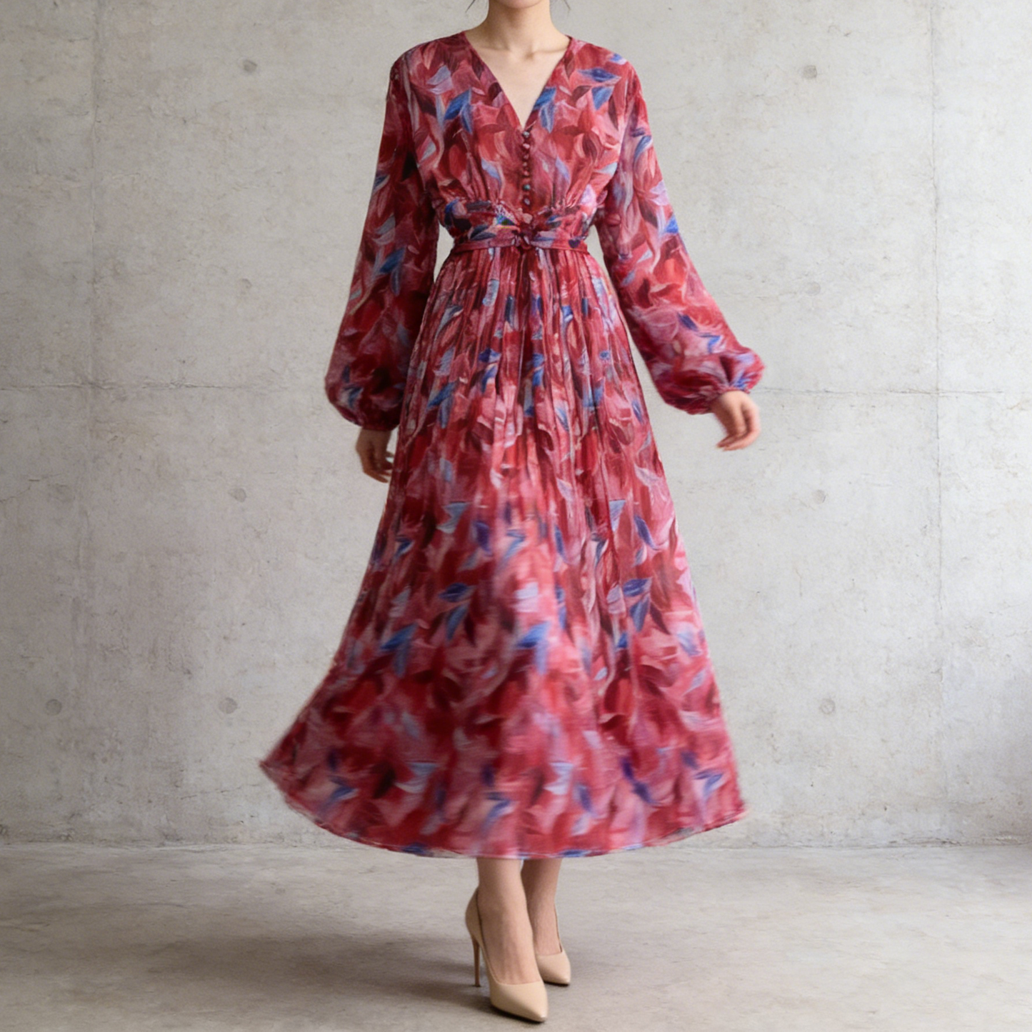 【ワンピース】大人フェミニン♡フレンチレトロ 長袖 花柄ワンピース｜ウエストマーク＆パフスリーブで細見え【SHシリーズ】