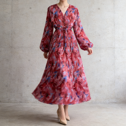 【ワンピース】大人フェミニン♡フレンチレトロ 長袖 花柄ワンピース｜ウエストマーク＆パフスリーブで細見え【SHシリーズ】