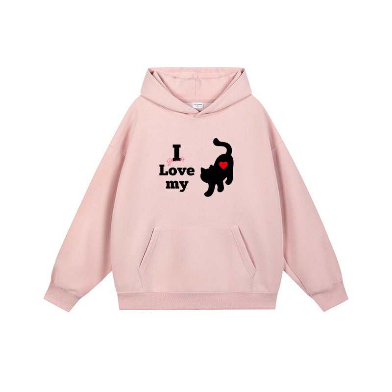 全7色【トップス】🐱猫プリント フード付き スウェット ユニセックス 秋冬 ゆったり かわいい パーカー【FCシリーズ】