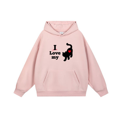 全7色【トップス】🐱猫プリント フード付き スウェット ユニセックス 秋冬 ゆったり かわいい パーカー【FCシリーズ】