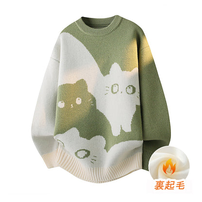 【トップス】カートゥーン猫柄 裏起毛 ニット 秋冬 メンズ レディース 高級感 ユニセックス【FCシリーズ】