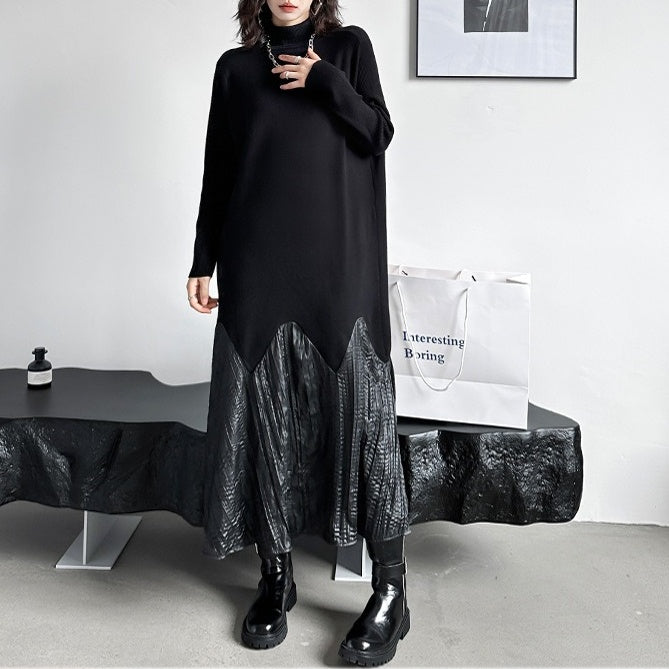 【24AW】【ワンピース】高級感 切り替えし 着痩せ ハイネック 長袖ワンピース