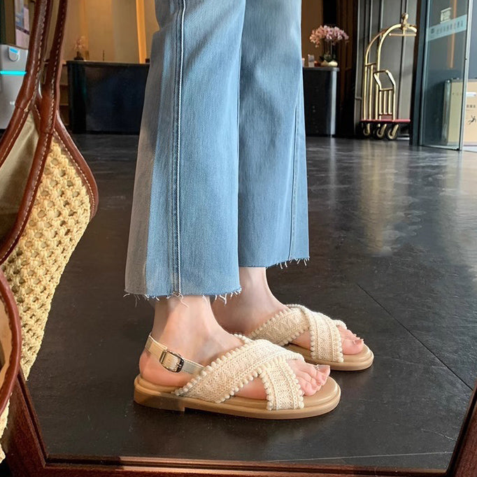 【シューズ】リゾート風 クロス編み オープントゥ サンダル