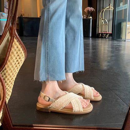 【シューズ】リゾート風 クロス編み オープントゥ サンダル