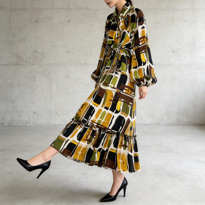 【60%OFF⭐️早い者勝ち】【ワンピース】リボン ウエストマーク Aライン フレア フリル プリント 長袖 ワンピース 【SHシリーズ】