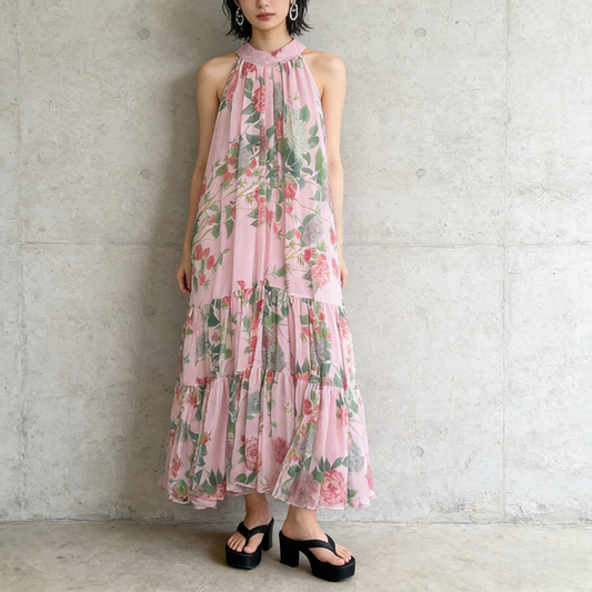 【ワンピース】リゾート ホルターネック バックオープン シフォン フレア ノースリーブ ビーチワンピース 【SHシリーズ】