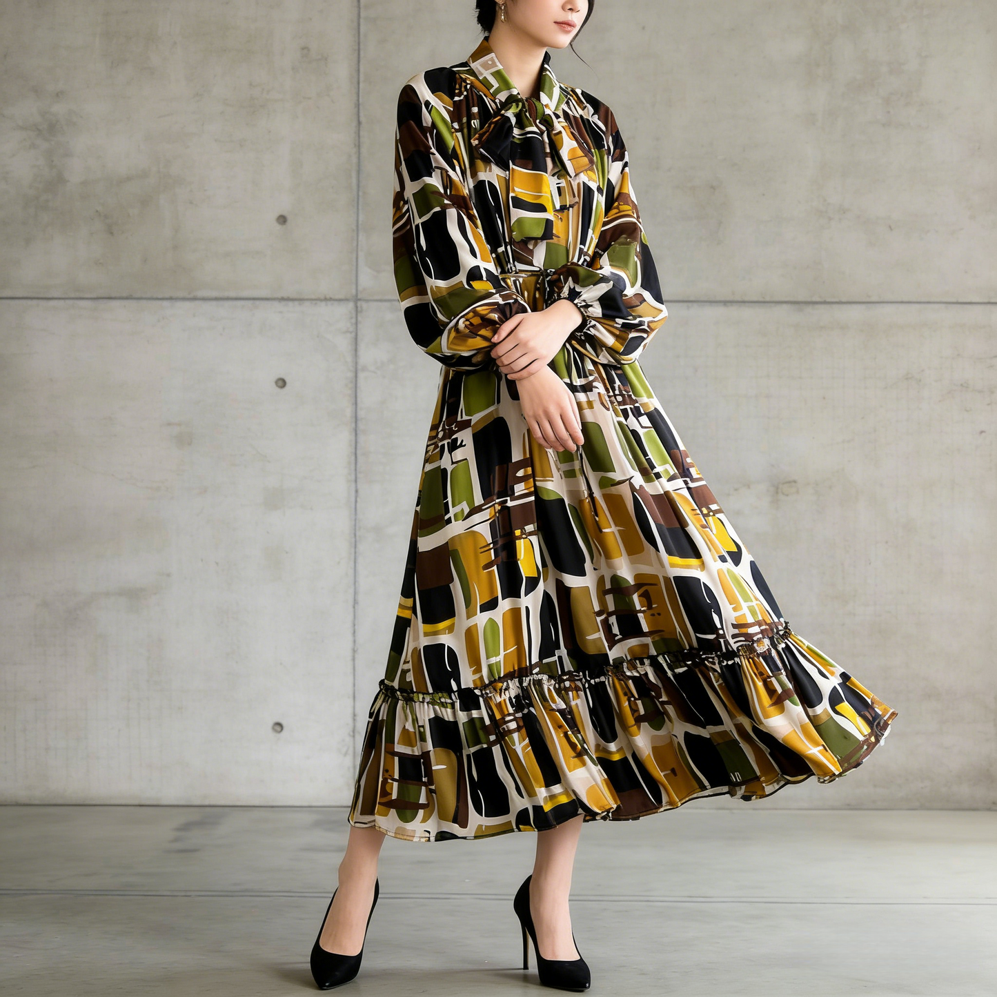 【60%OFF⭐️早い者勝ち】【ワンピース】リボン ウエストマーク Aライン フレア フリル プリント 長袖 ワンピース 【SHシリーズ】