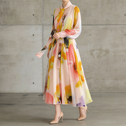 【ワンピース】フレンチエレガンス 気質 レディース シフォン 長袖ワンピース 蝶結びネック フレア 大人可愛い【SHシリーズ】