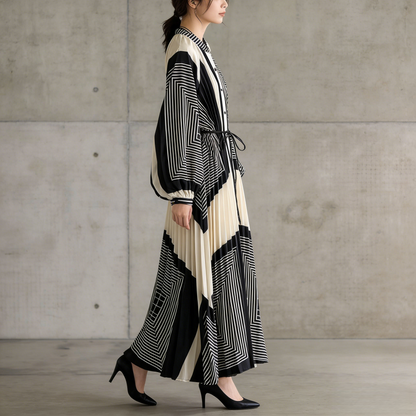 【ワンピース】ラウンドネック サテン プリント プリーツ 長袖 ワンピース 【SHシリーズ】