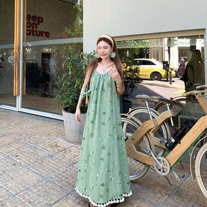 【ワンピース】フレンチ風 ストライプ キャミソールワンピース レディース 夏 ロングワンピース ゆったり ノースリーブ 体型カバー 細見え 刺繍 フリンジ リゾート【SHシリーズ】