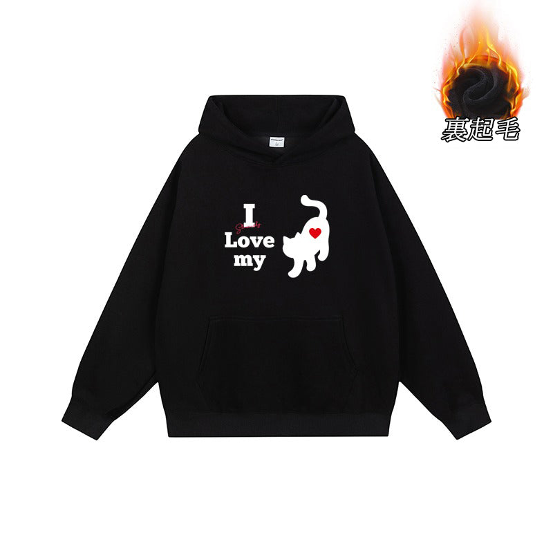 全7色【トップス】🐱猫プリント フード付き スウェット ユニセックス 秋冬 ゆったり かわいい パーカー【FCシリーズ】