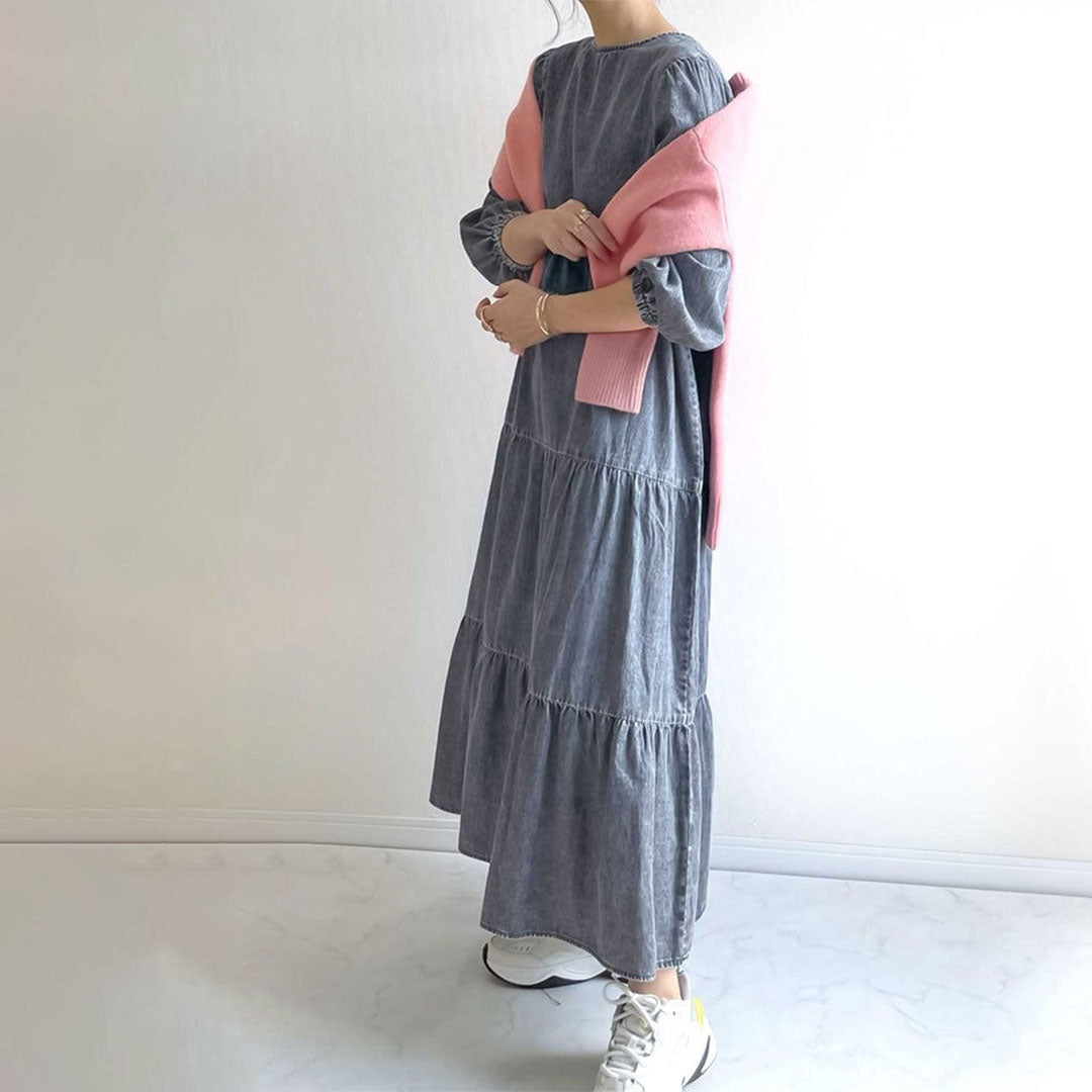 【24AW】【ワンピース】韓国風 ゆったり カジュアル 通勤 長袖ワンピース