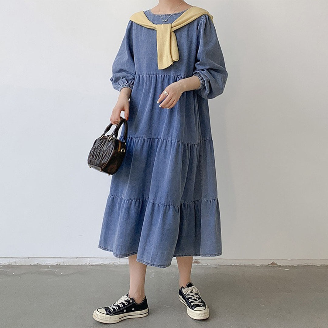 【24AW】【ワンピース】流行の予感 ゆったり 合わせやすい デニム長袖ワンピース