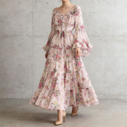 【ワンピース】褒められ確定！フレンチ小衆 長袖 プリントロングワンピース｜シフォン＆ベルスリーブ【SHシリーズ】