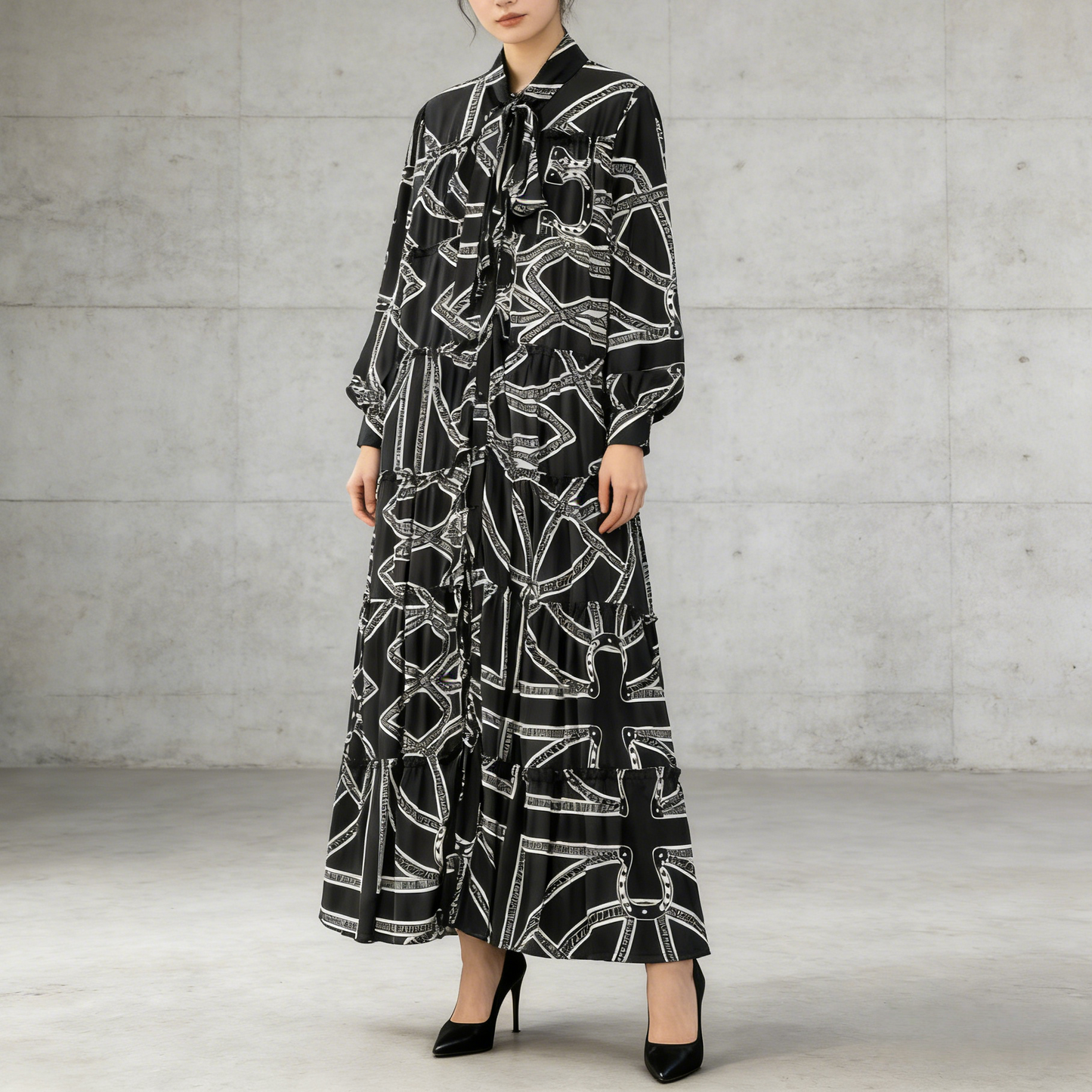 【ワンピース】プリントVネック お腹周りカバー フリル 長袖 ワンピース 【SHシリーズ】