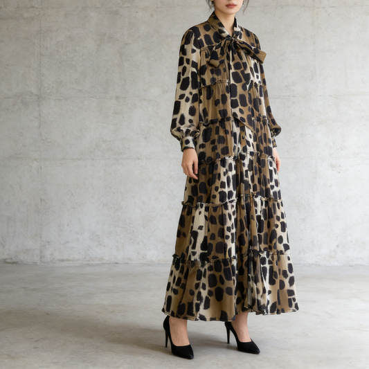 【ワンピース】プリントVネック お腹周りカバー フリル 長袖 ワンピース 【SHシリーズ】