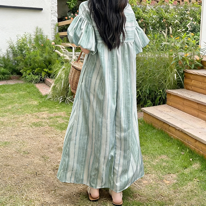 【ワンピース】韓国風 春夏新作 縦縞柄 ゆったりサイズ レディース バルーンスリーブ ワンピース【SHシリーズ】