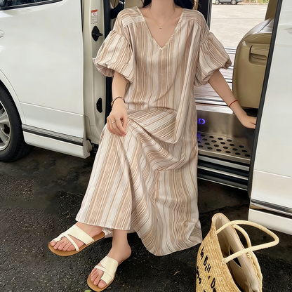 【ワンピース】韓国風 春夏新作 縦縞柄 ゆったりサイズ レディース バルーンスリーブ ワンピース【SHシリーズ】