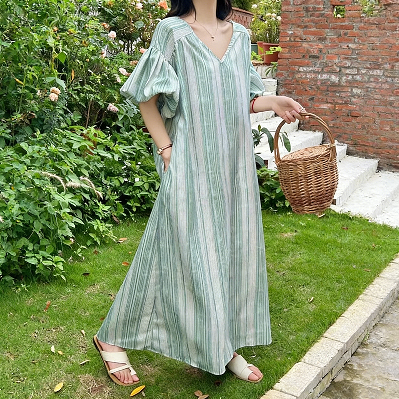 【ワンピース】韓国風 春夏新作 縦縞柄 ゆったりサイズ レディース バルーンスリーブ ワンピース【SHシリーズ】