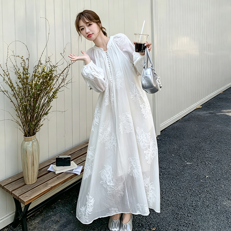 【ワンピース】ホワイト刺繍ワンピ レディース 高級感 レースディテール ロング丈 夏のリゾートドレス【JZシリーズ】