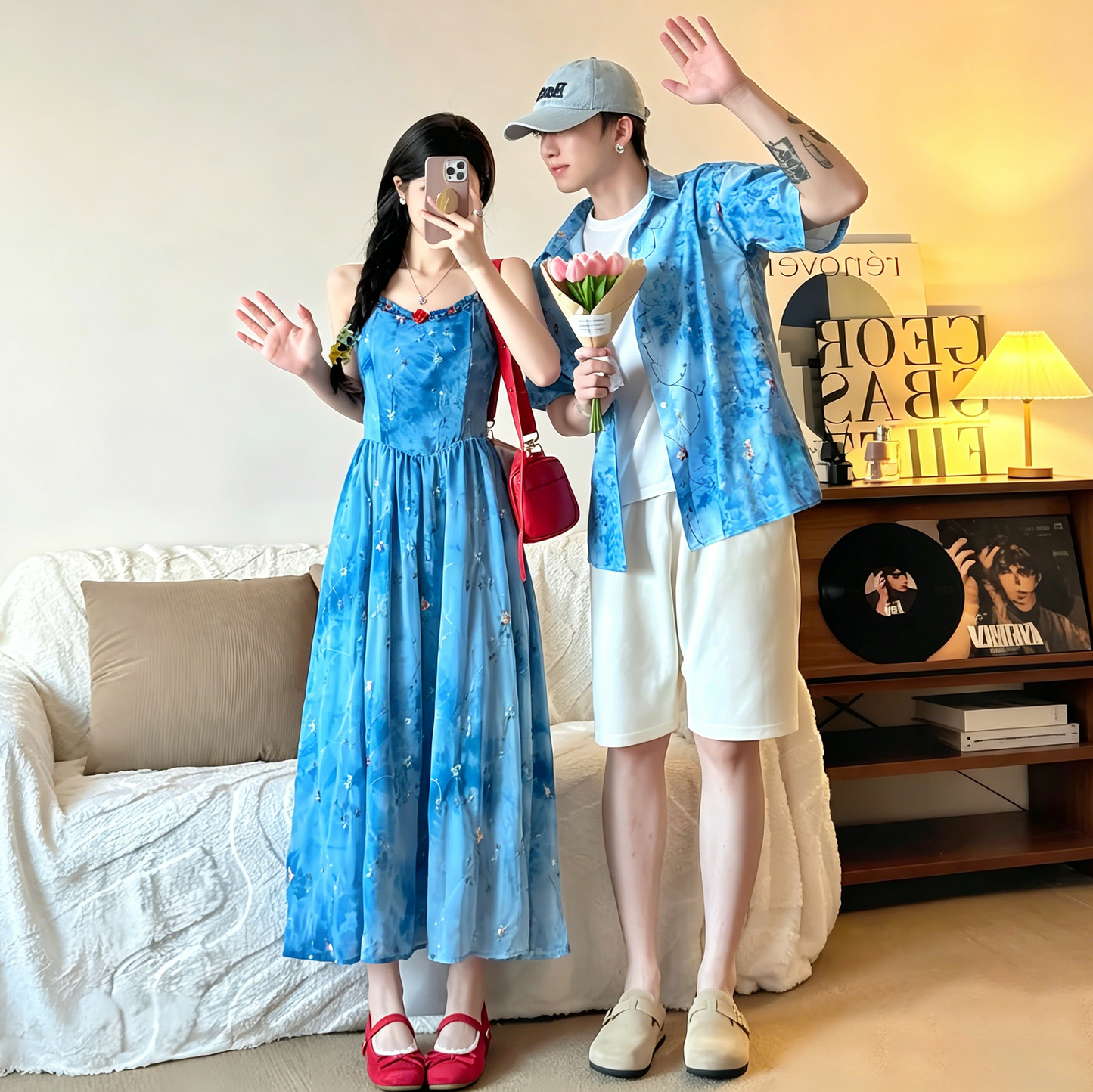 💕カップルコーデ【ワンピース】フレンチリゾート風 ビーチ ペアルック ブルー キャミワンピース&シャツ 花柄 ノースリーブワンピース ペアルック【SHシリーズ】