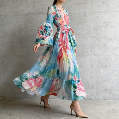 【ワンピース】フレンチ花柄ワンピース Vネック 長袖 立体フラワー フレアロング 着痩せ エレガント リゾートワンピ【SHシリーズ】