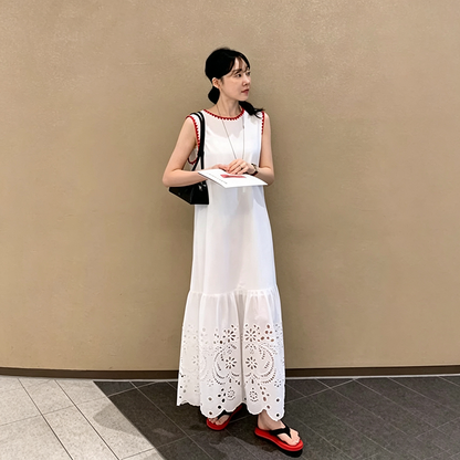 【ワンピース】韓国風 配色レース切替ワンピース レディース 透かしデザイン パイピング 大人可愛い 夏ワンピース【JZシリーズ】