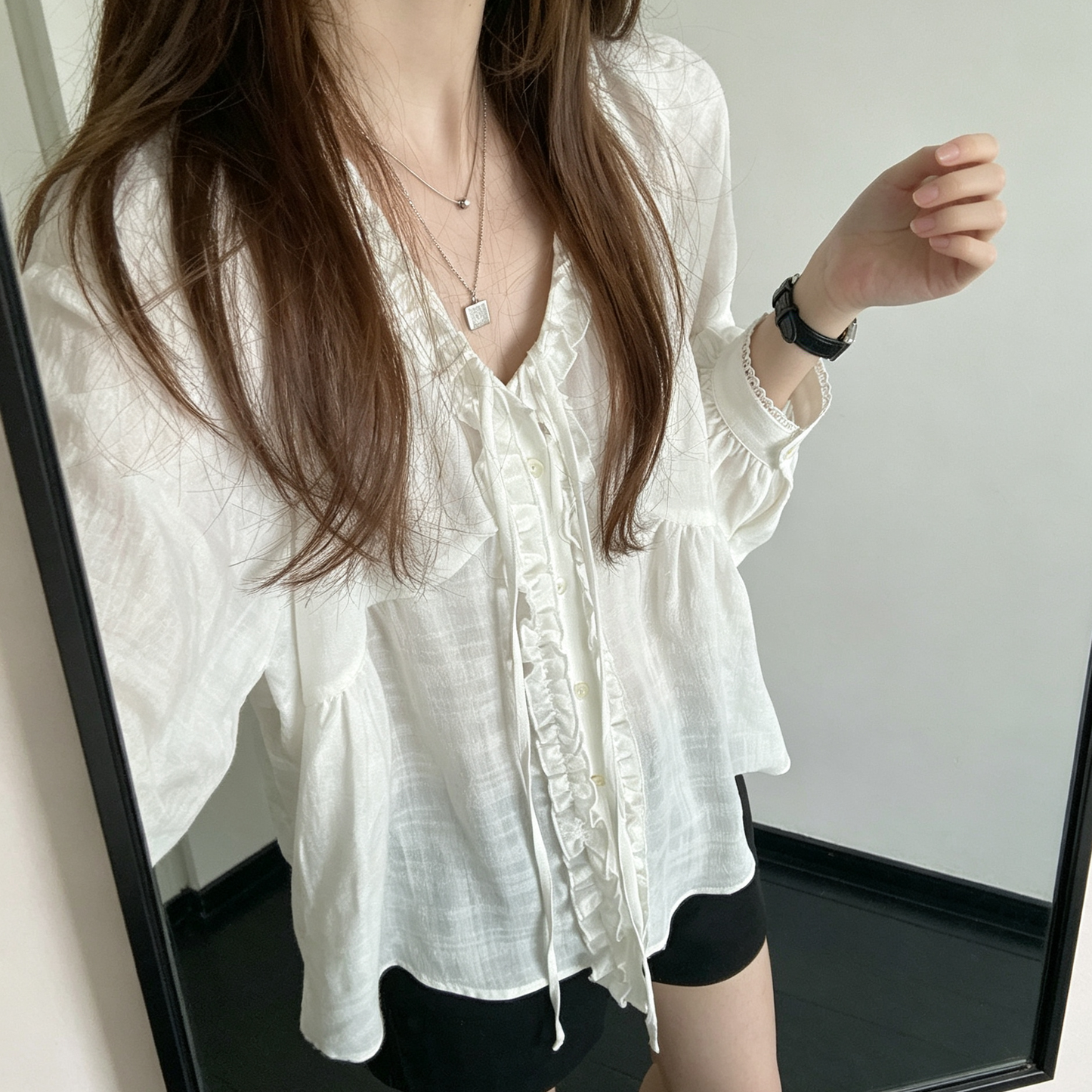 【トップス】フリルVネックシャツ レディース ゆったり 長袖 UV対策 夏ブラウス【FCシリーズ】