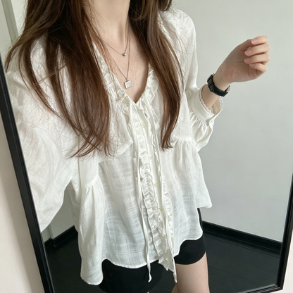 【トップス】フリルVネックシャツ レディース ゆったり 長袖 UV対策 夏ブラウス【FCシリーズ】