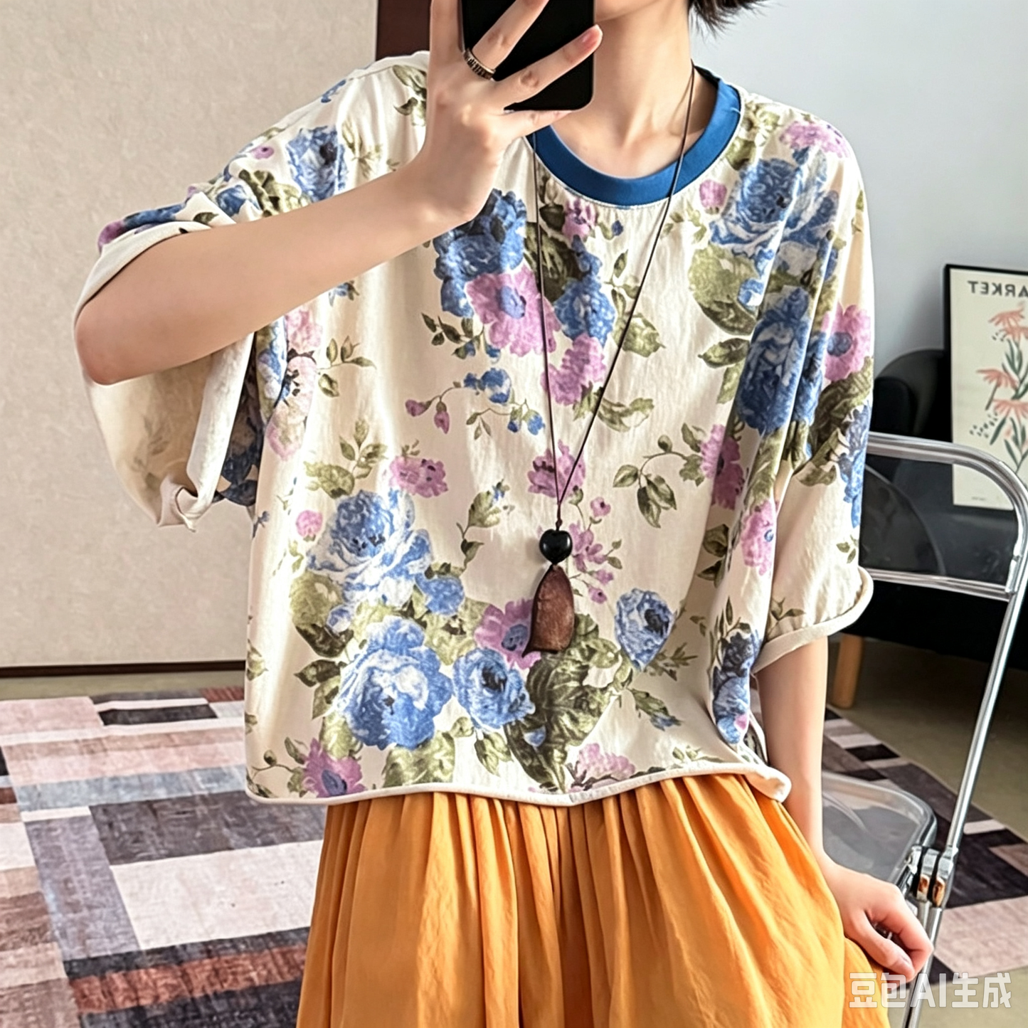 【トップス】レトロ花柄Tシャツ レディース 夏 半袖 ヴィンテージ風 ウォッシュ加工 ゆるトップス 大人カジュアル【JZシリーズ】