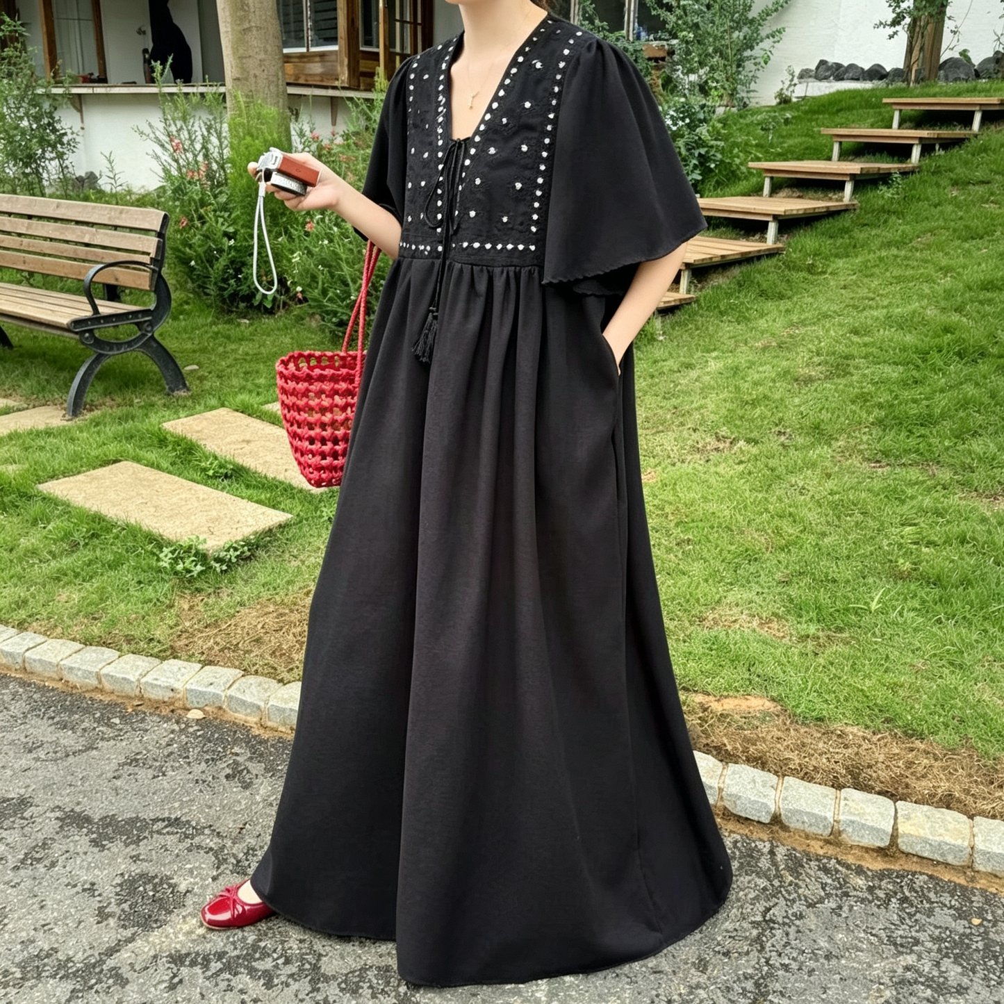 【ワンピース】新中華風 刺繍ワンピース レディース 半袖 ハイウエスト ロング丈 ゆったり 体型カバー【JZシリーズ】