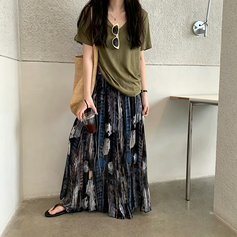 【ボトムス】水彩風プリントスカート レディース ロング丈 ボリュームフレア 落ち感素材 体型カバー【SHシリーズ】