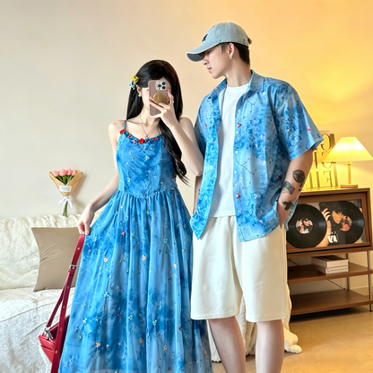💕カップルコーデ【ワンピース】フレンチリゾート風 ビーチ ペアルック ブルー キャミワンピース&シャツ 花柄 ノースリーブワンピース ペアルック【SHシリーズ】
