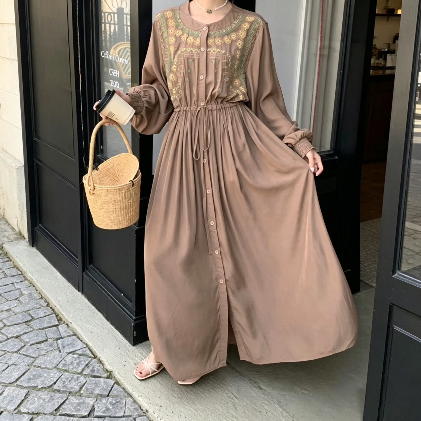 【ワンピース】エスニック風 刺繍ロングワンピース レディース リゾートスタイル ゆったり マキシ丈【JZシリーズ】