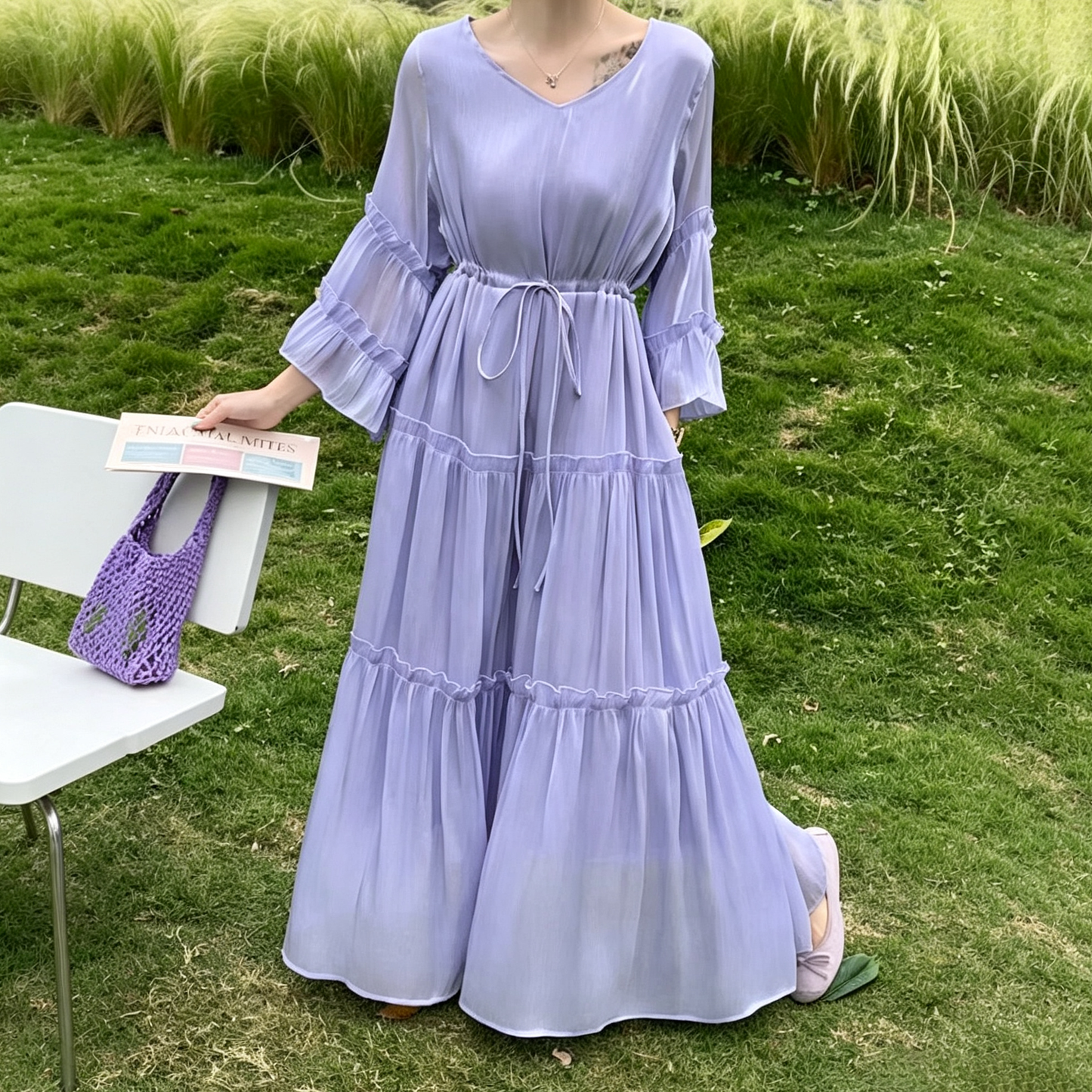 【ワンピース】体型カバー ワンピース レディース パープル ロング丈 ゆったり ウエストマーク 大きいサイズ【JZシリーズ】