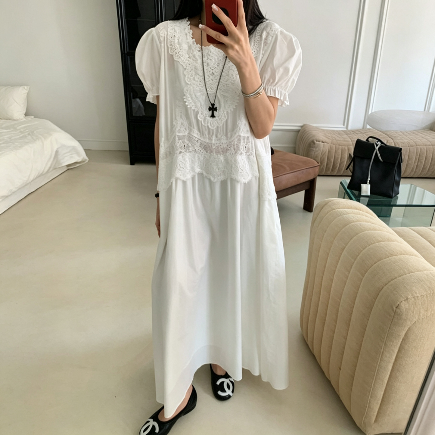 【ワンピース】レトロ レース切替パフスリーブワンピース レディース 高見え ゆったり 着痩せ ロング丈 夏ワンピース【JZシリーズ】