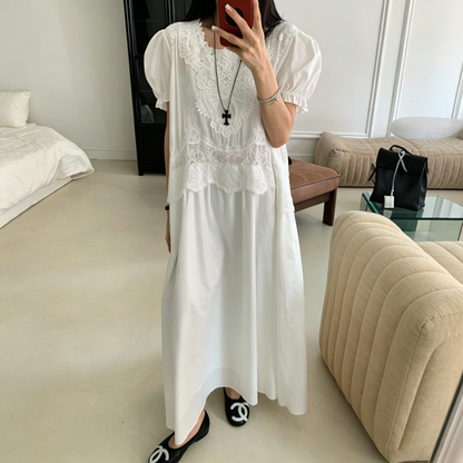 【ワンピース】レトロ レース切替パフスリーブワンピース レディース 高見え ゆったり 着痩せ ロング丈 夏ワンピース【JZシリーズ】