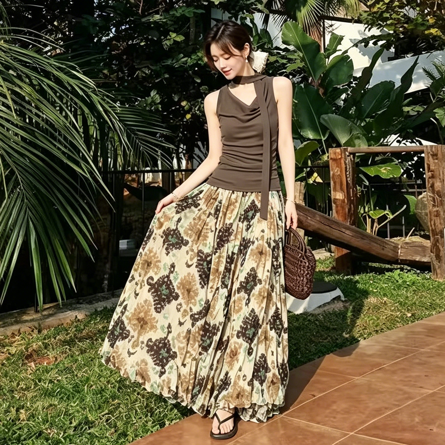 【ボトムス】花柄 プリーツスカート レディース ハイウエスト フレア ロング Aライン レトロ＆フェミニン【SHシリーズ】