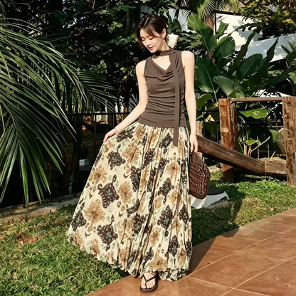 【ボトムス】花柄 プリーツスカート レディース ハイウエスト フレア ロング Aライン レトロ＆フェミニン【SHシリーズ】