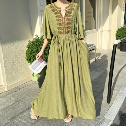【ワンピース】リゾート風 刺繍ロングワンピース レディース マキシ丈 体型カバー ゆったり 美シルエット【JZシリーズ】
