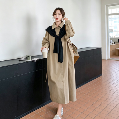 【ワンピース】大きいサイズロングワンピース レディース 春秋 ゆったり ウエストマーク 体型カバー 着痩せ【JZシリーズ】