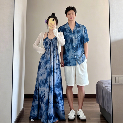 💕カップルコーデ【ワンピース】リゾート風 タイダイ染め ホルターネック ノースリーブ ワンピース＆シャツ ペアルック【SHシリーズ】