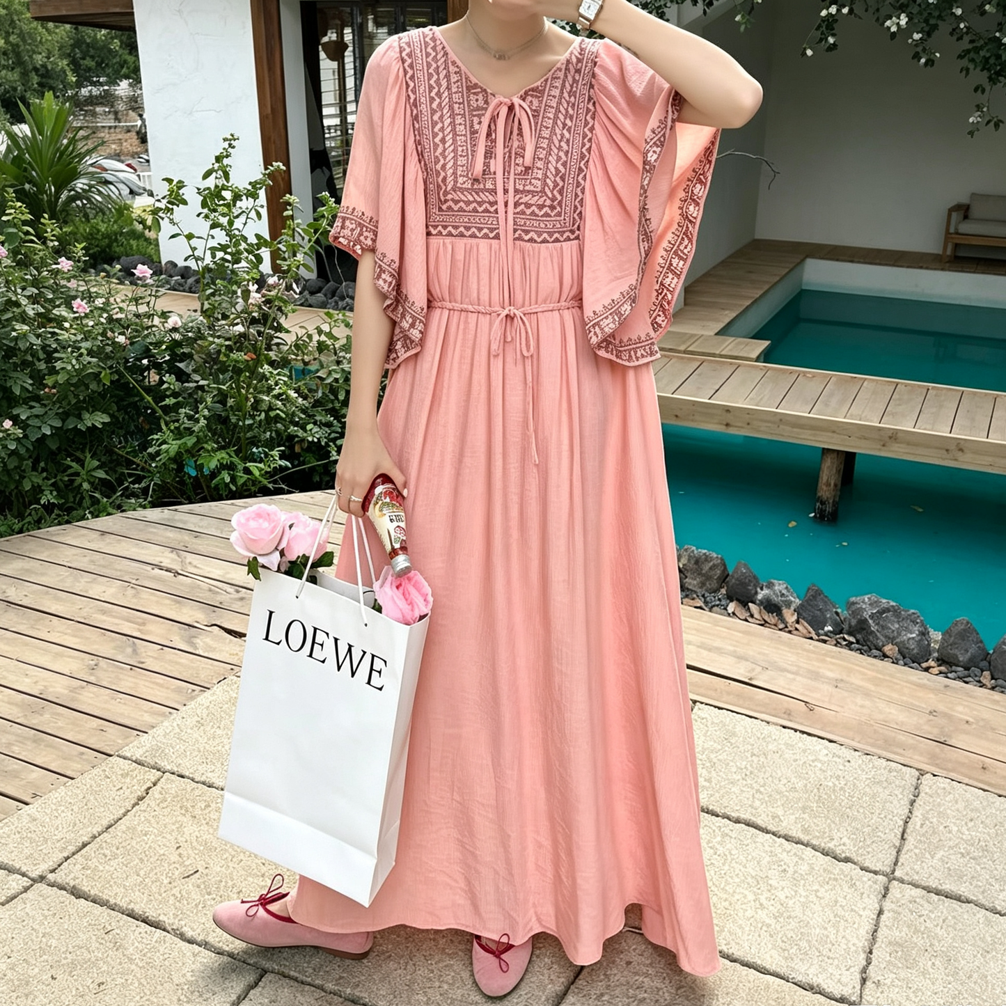 【ワンピース】大人リゾートワンピース レディース 刺繍デザイン Vネック マキシ丈 ゆったり 着痩せ【JZシリーズ】
