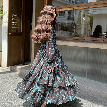【ワンピース】フレンチクラシカル花柄ワンピース レディース 春秋 Vネック ウエストシェイプ ロング丈 大人上品【SHシリーズ】