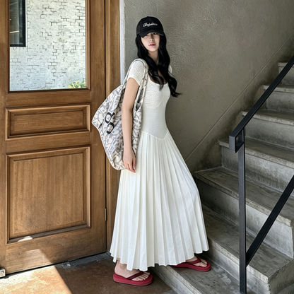 【ワンピース】韓国風 フレンチニットワンピース レディース スクエアネック ウエストマーク プリーツ切替 着痩せ ロング丈【JZシリーズ】