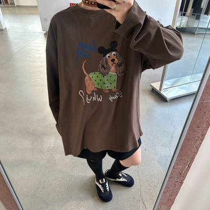 【トップス】レディース 犬プリントフード付き長袖Tシャツ ウォッシュ加工 韓国風 レトロ【FCシリーズ】