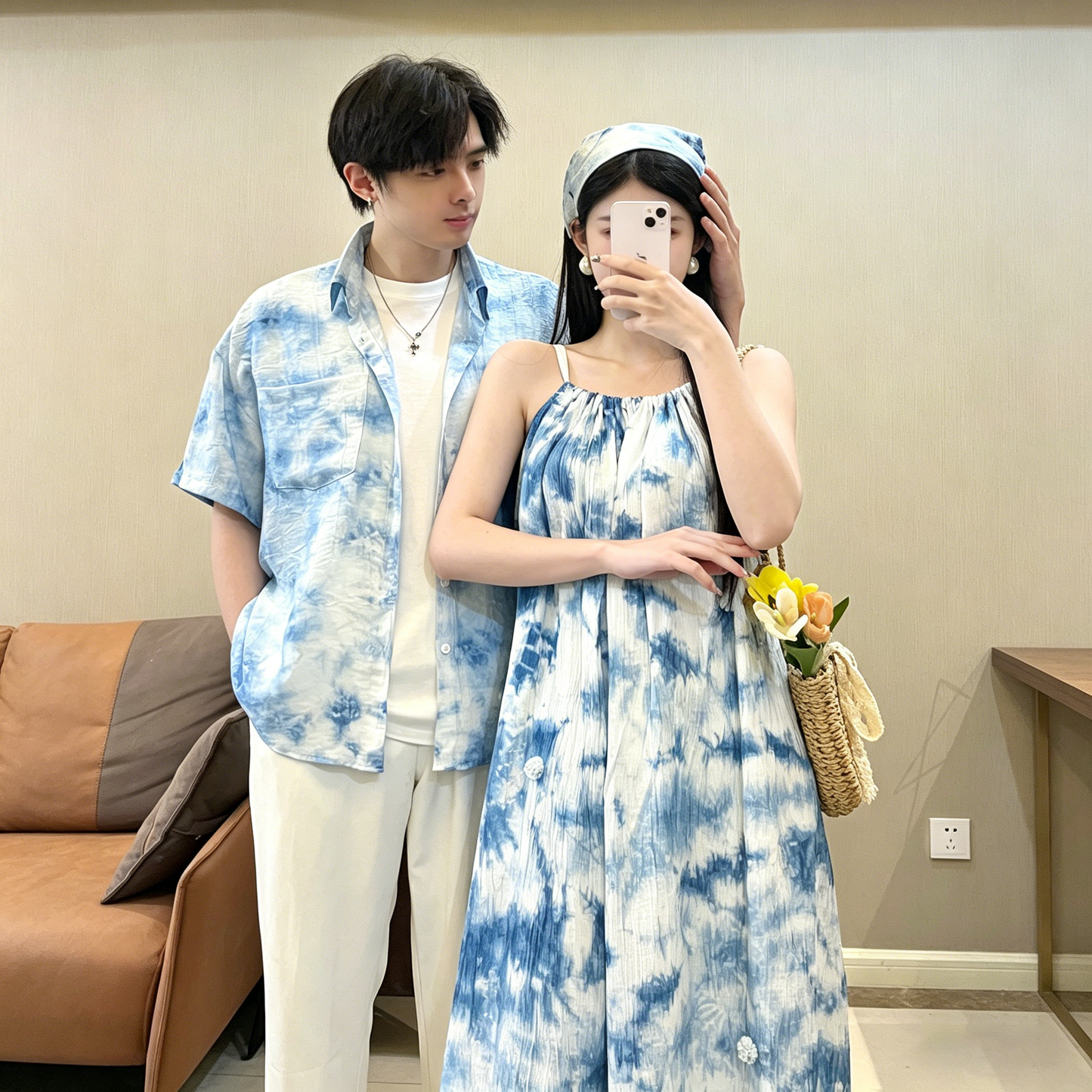 💕カップルコーデ【ワンピース】夏新作 リゾート風 タイダイ染め ペアルック ワンピース＆シャツ ビーチ ノースリーブ 個性デザイン ペアルック【SHシリーズ】