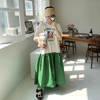 【ワンピース】韓国風 プリント配色ワンピース レディース 半袖 ゆったり カジュアル 体型カバー 夏ワンピース【JZシリーズ】