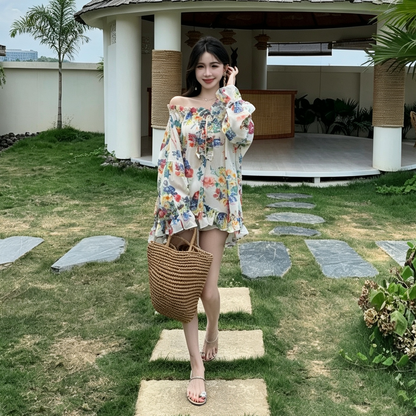 【トップス】レトロ花柄シフォンシャツ レディース オフショルダー ドローストリング ゆったり夏トップス【SHシリーズ】